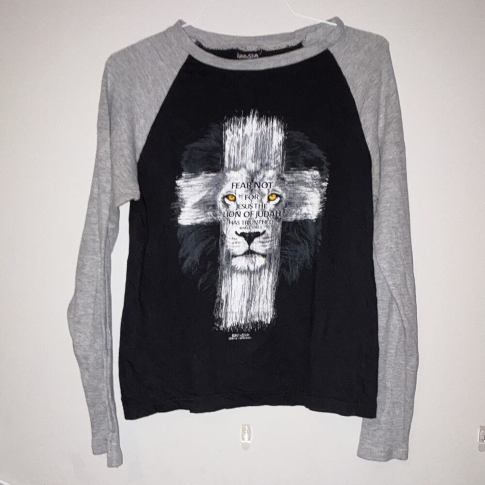 Kerusso Men's SM Black/Gray Cotton Blend Crew Neck Long Sleeve Raglan Lion